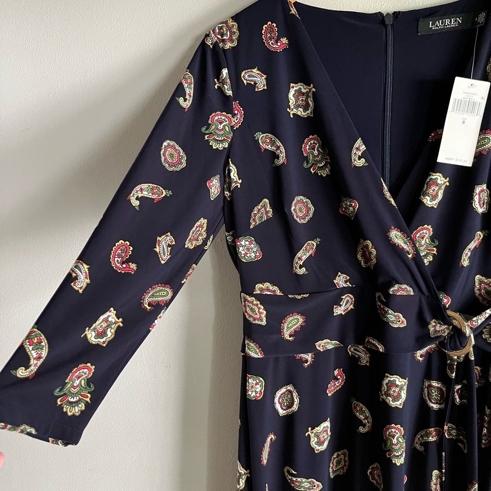 Lauren Ralph Lauren Navy Paisley Midi Dress Size 6 NWT Faux Wrap Stretch Knit - Picture 6 of 11